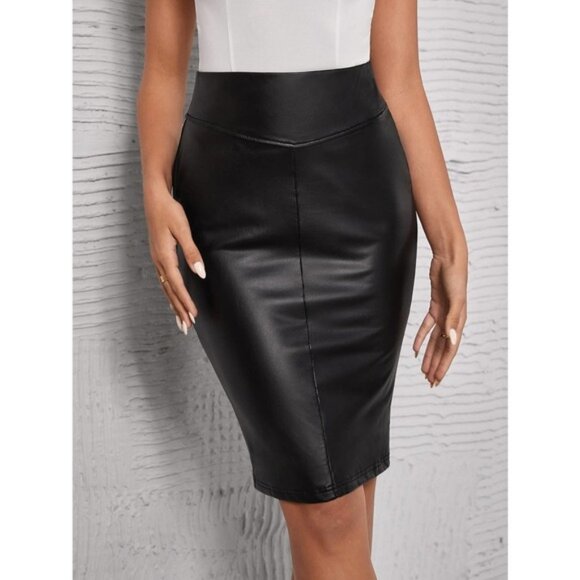 High Waist vegan Leather pencil Skirt black - Picture 1 of 2